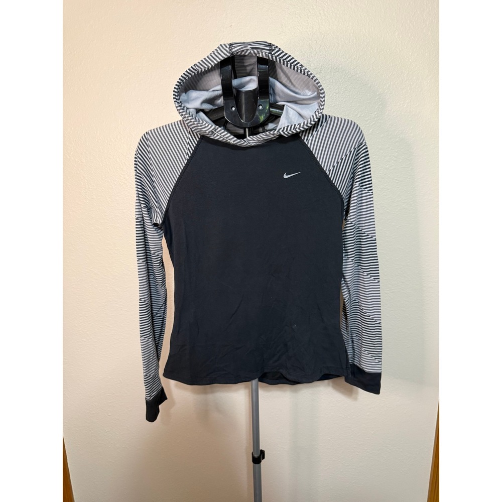 Nike Dri-FIT Running Hoodie Womens Small Black Striped Raglan Thumbhole Pullover